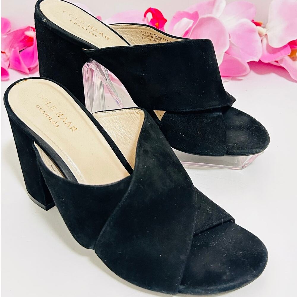 Cole Haan Black Suede Open Toe Mule Heels Chunky Block Heel Size 5 AS-IS